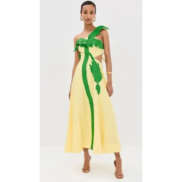 FARM Rio Palm Tree Cutwork Midi Dress Yellow XS NEW - Picture 2 of 10